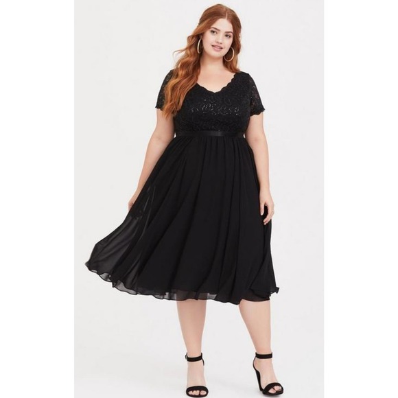TORRID Black romantic Sequin & Lace Chiffon Midi Dress Goth - Picture 3 of 9